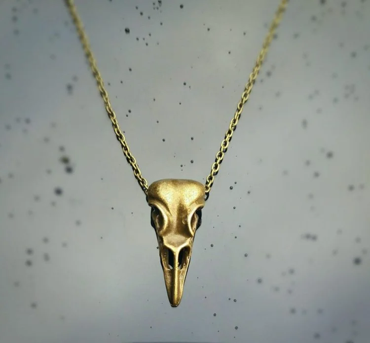 Brass Crow Skull Necklace, Skull Jewelry, Gothic Jewelry