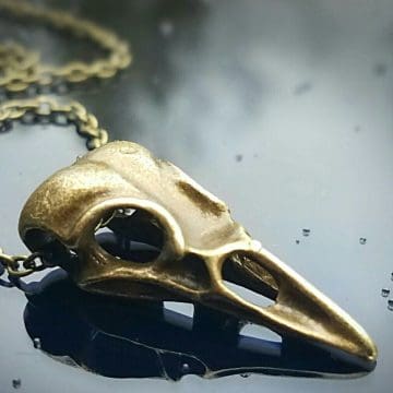 Bird Skull Necklace, Brass Raven Skull Pendant, Gothic Jewelry