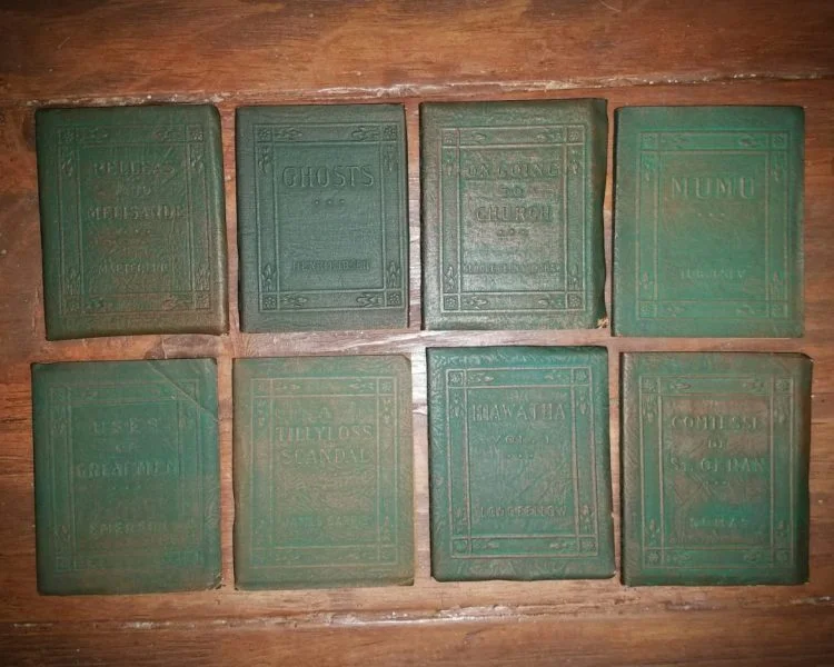 3 Tiny Antique Books, Little Leather Library, Small Green Leather Book,  1920s