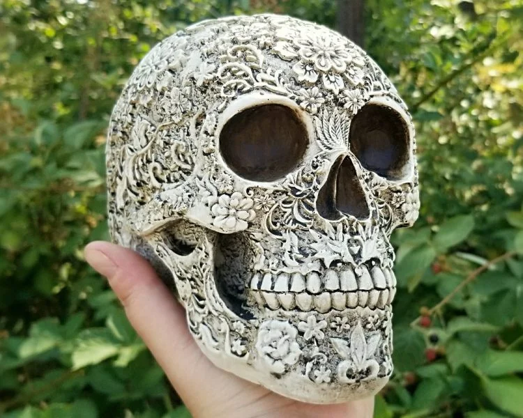 Floral Skull, Carved Human Skull Decor - Oddities For Sale has unique