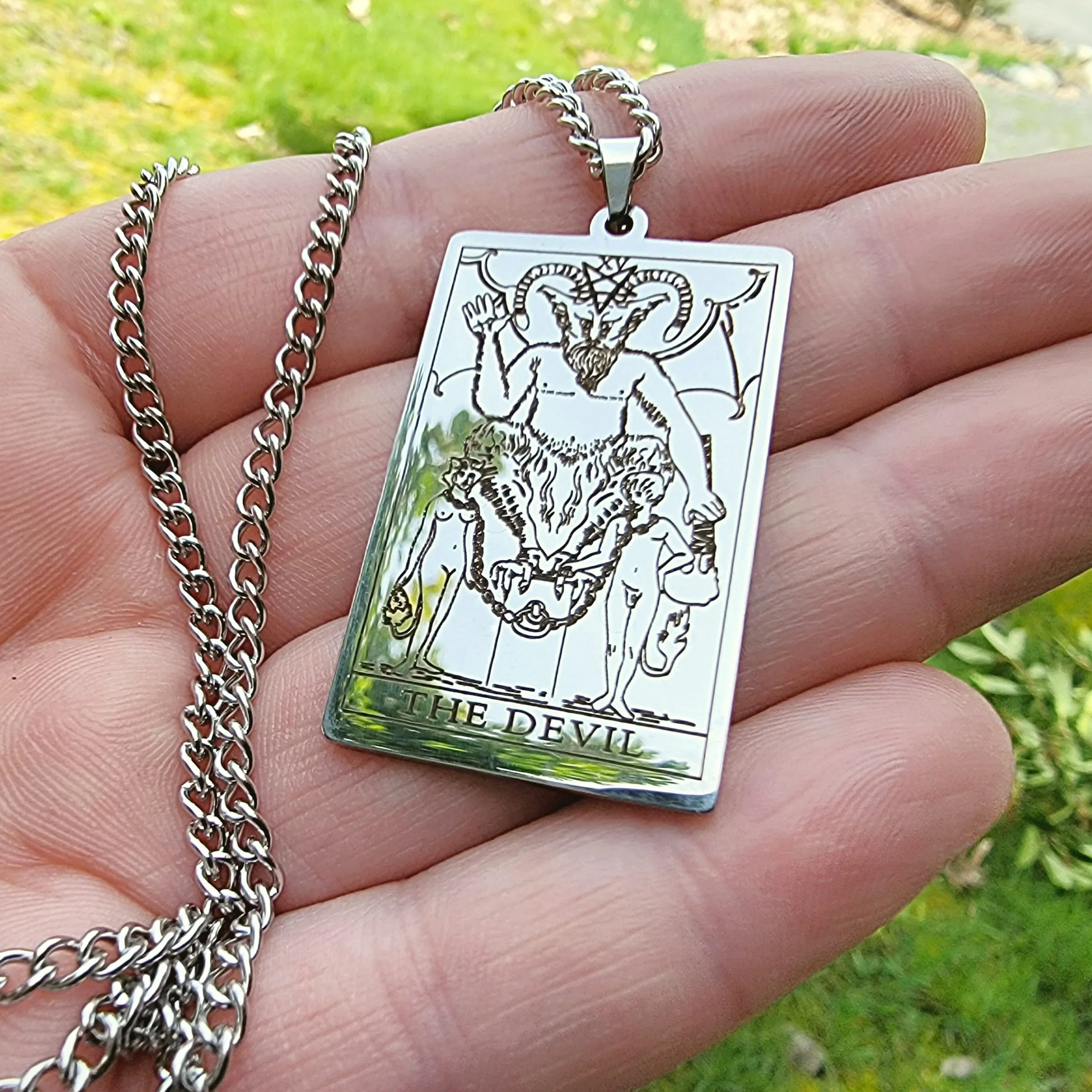 Slide 3 for Devil Tarot Necklace, Silver Colored, Gothic Jewelry