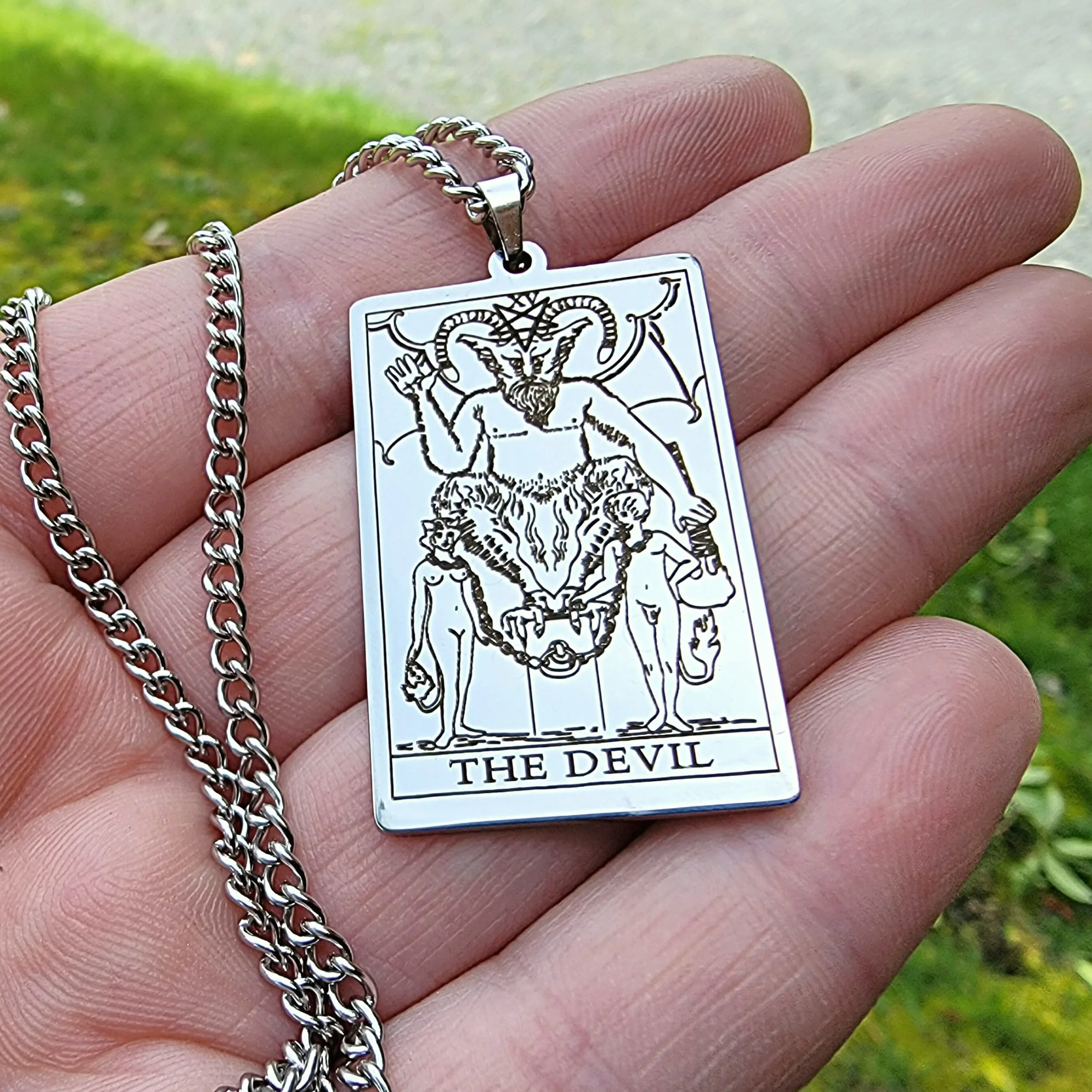 Slide 4 for Devil Tarot Necklace, Silver Colored, Gothic Jewelry