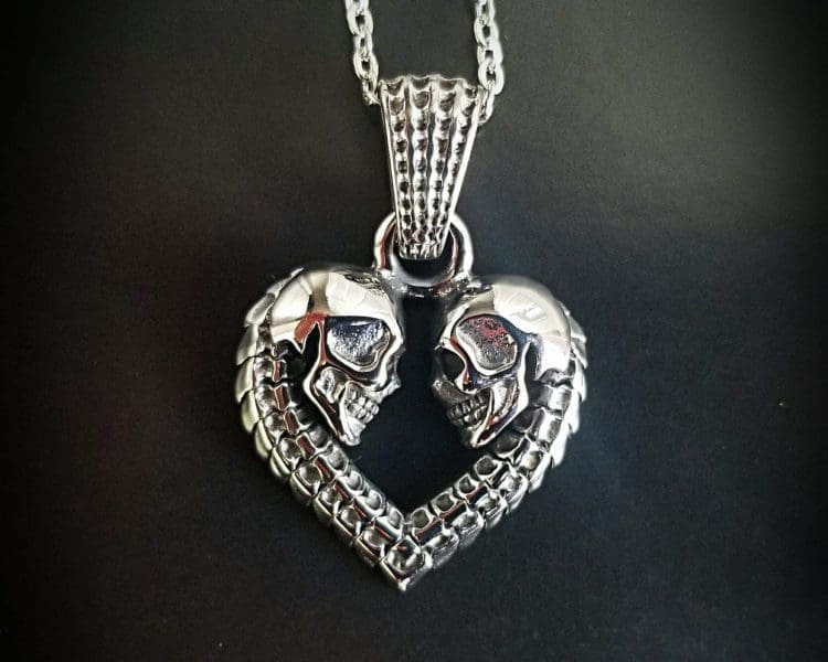 Double Skull Heart Necklace, Gothic Jewelry, Skull Pendant