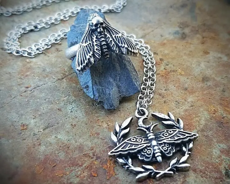 Moth Jewelry Set, Gothic Necklace and Ring, Death Head Moth, Crescent Moon  - Oddities For Sale has unique