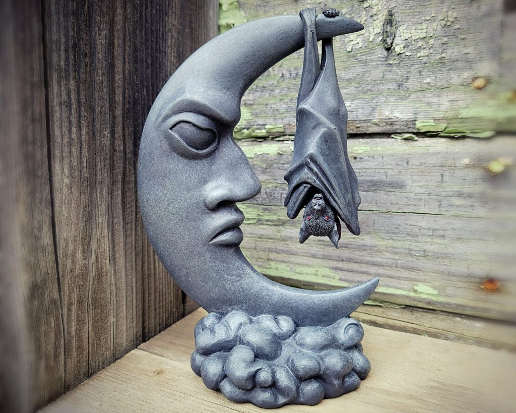 Hanging Bat on Crescent Moon Statue, Gothic Decor - Oddities For Sale ...