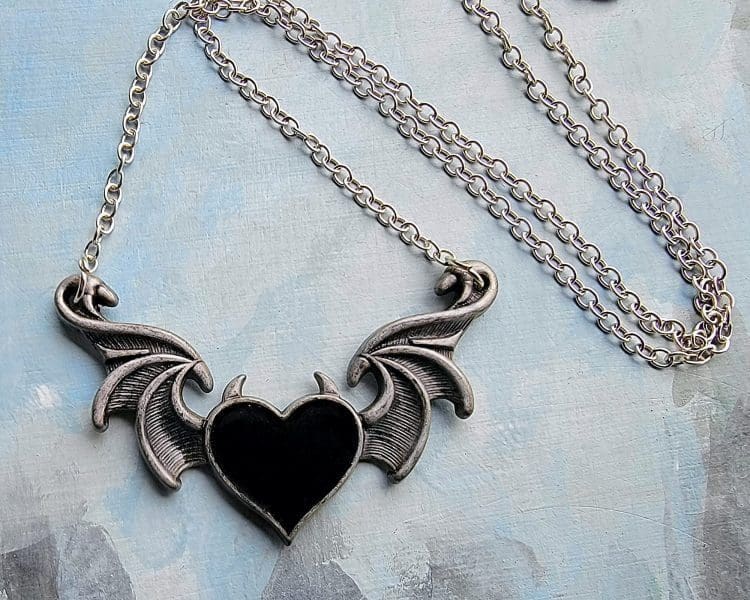 Gothic Jewelry, Black Heart Necklace, Winged Heart Necklace