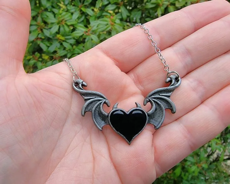 Stiesy 20 Pcs 10 Styles Enamel Gothic Charms Pendants Black Heart Charms  Love Heart with Wing Charms Bulk for DIY Jewelry Crafts Supplies