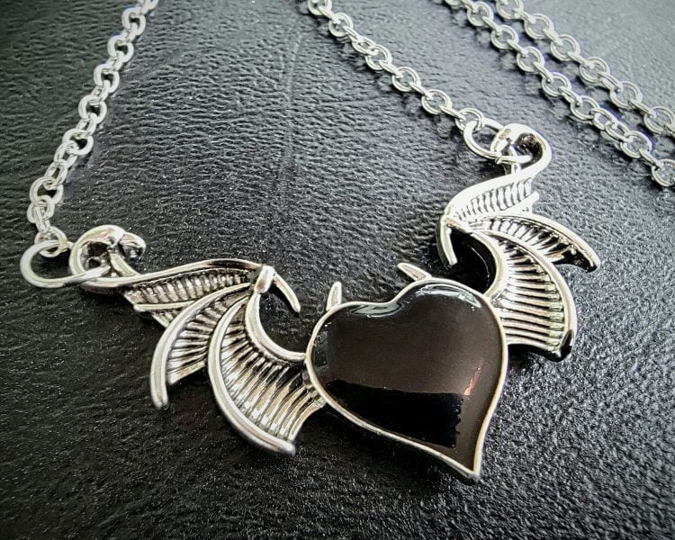 Gothic Jewelry, Winged Heart, Devil Heart Necklace, Black Heart Pendant