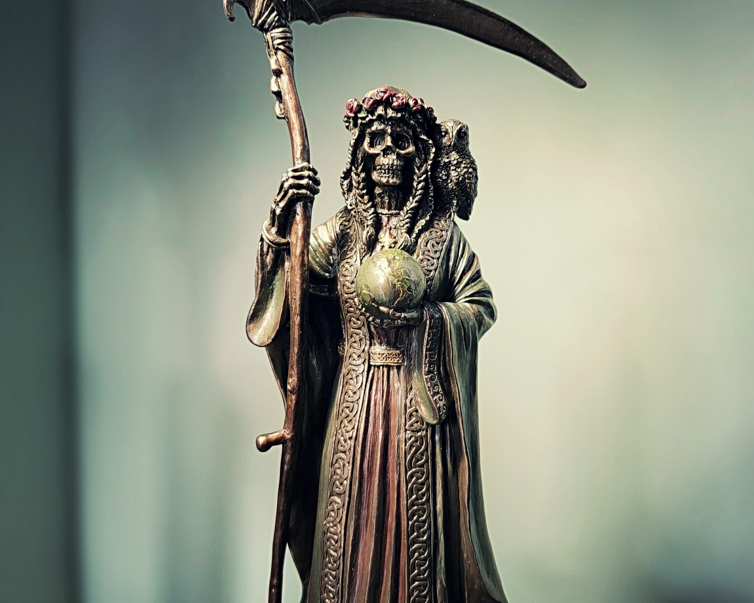 Large Bronze Santa Muerte Statue, Grim Reaper, Gothic Decor