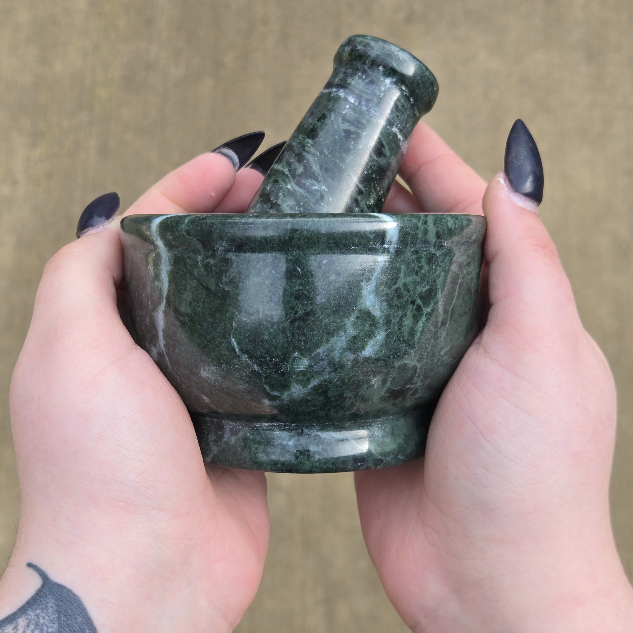 Slide 2 for Green Marble Mortar and Pestle, Herb Grinder