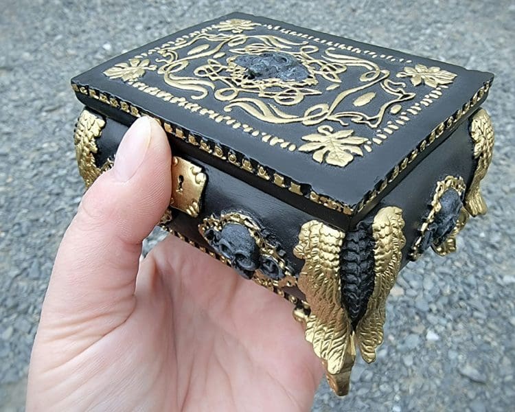 Gothic Jewelry Box, Black and Gold Skull Jewelry Box