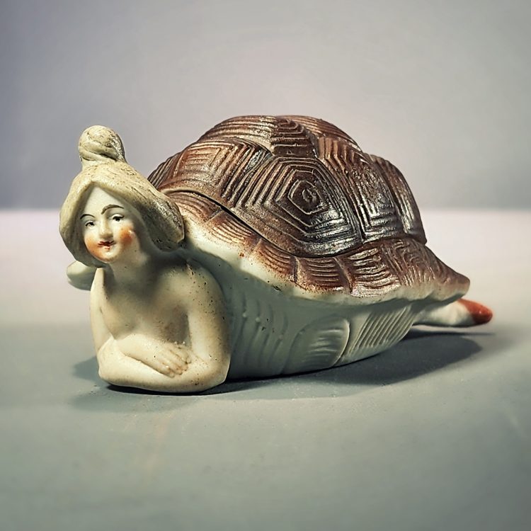 Antique Curio, Vintage Ceramic, Bathing Beauty, Turtle Lady with Bear, Weird Trinket Box, Porcelain