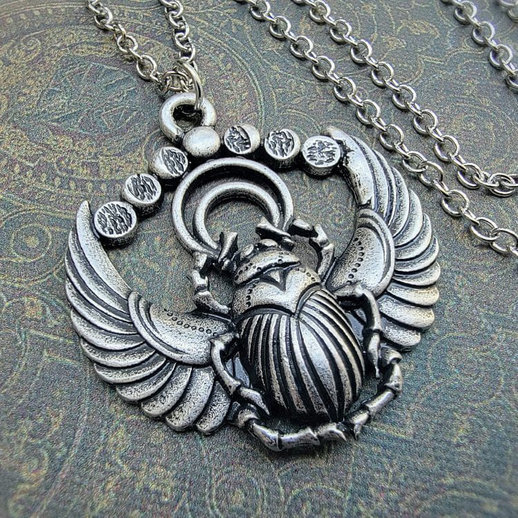 Wicca Jewelry, Scarab Necklace, Moon Phases Necklace