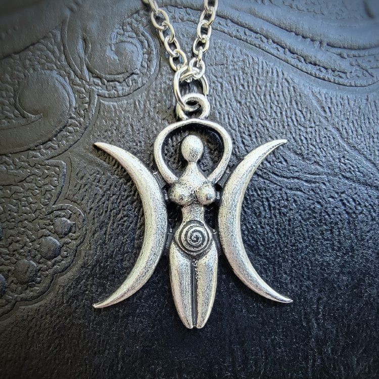 Wicca Jewelry, Witch Decor, Triple Moon Necklace, Goddess Charm