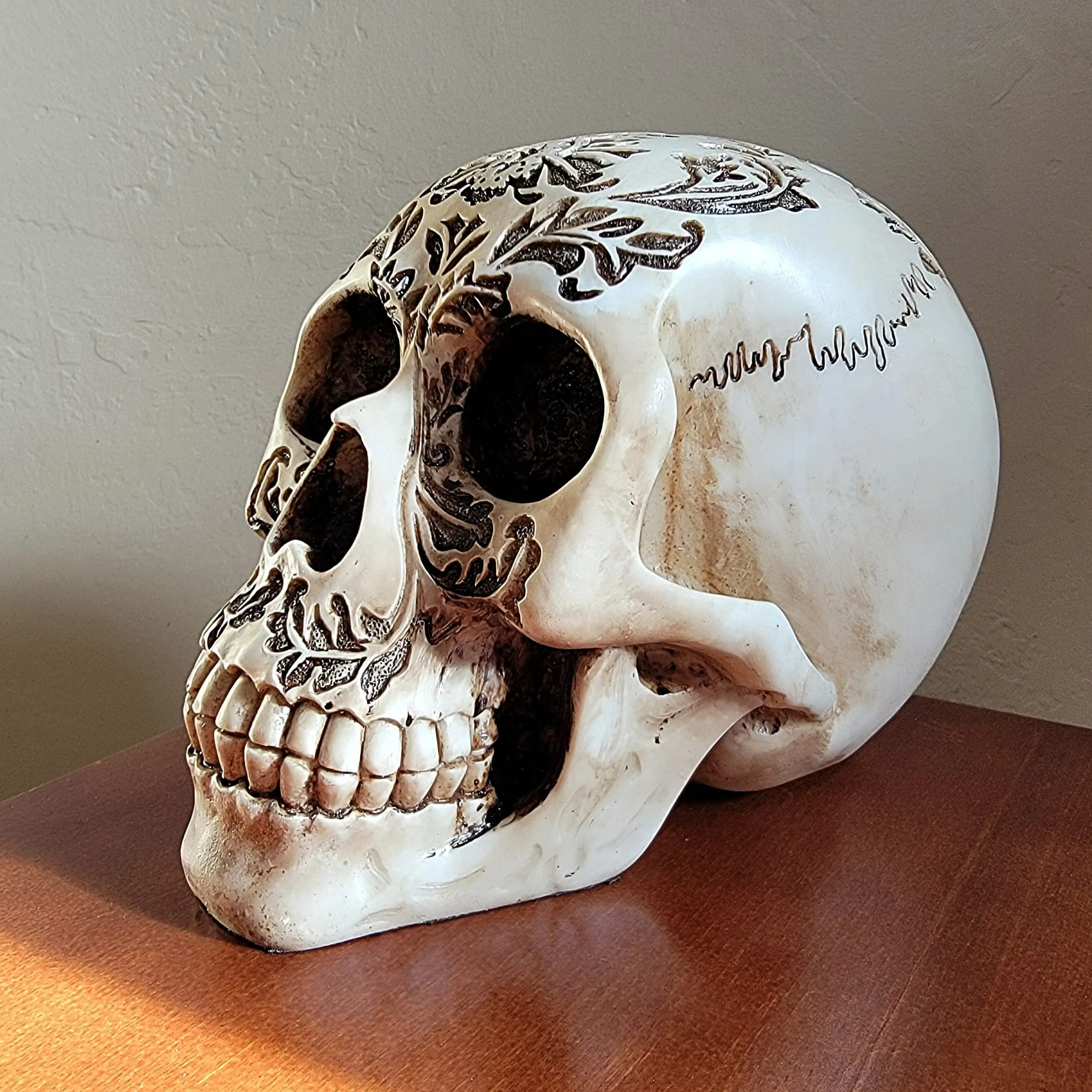 Slide 2 for Elegant Damask Engraved Human Skull, Oddities decor