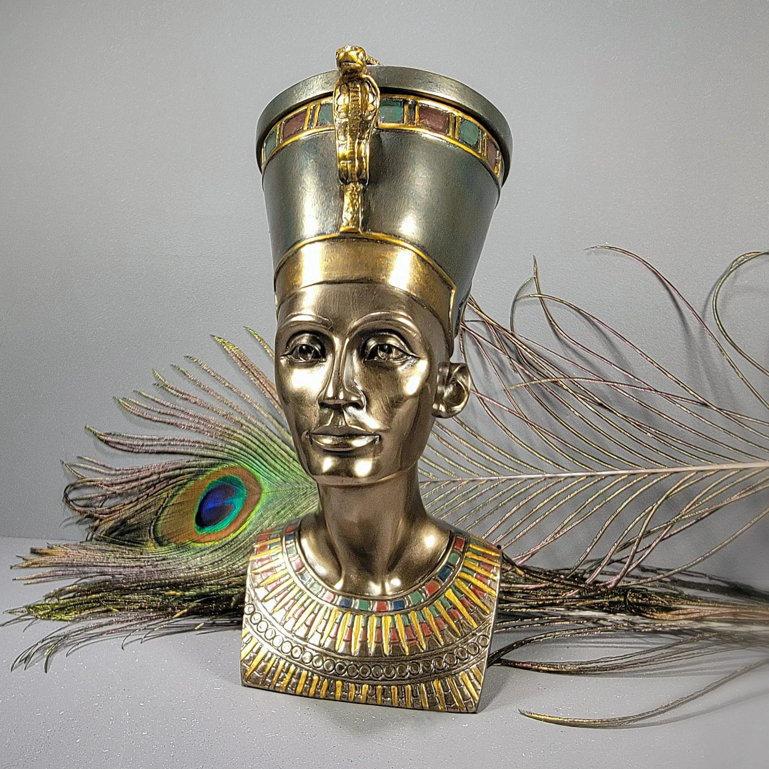 Slide 1 for Egyptian Queen Nefertiti Bust, Bronze Secret Stash Trinket Box