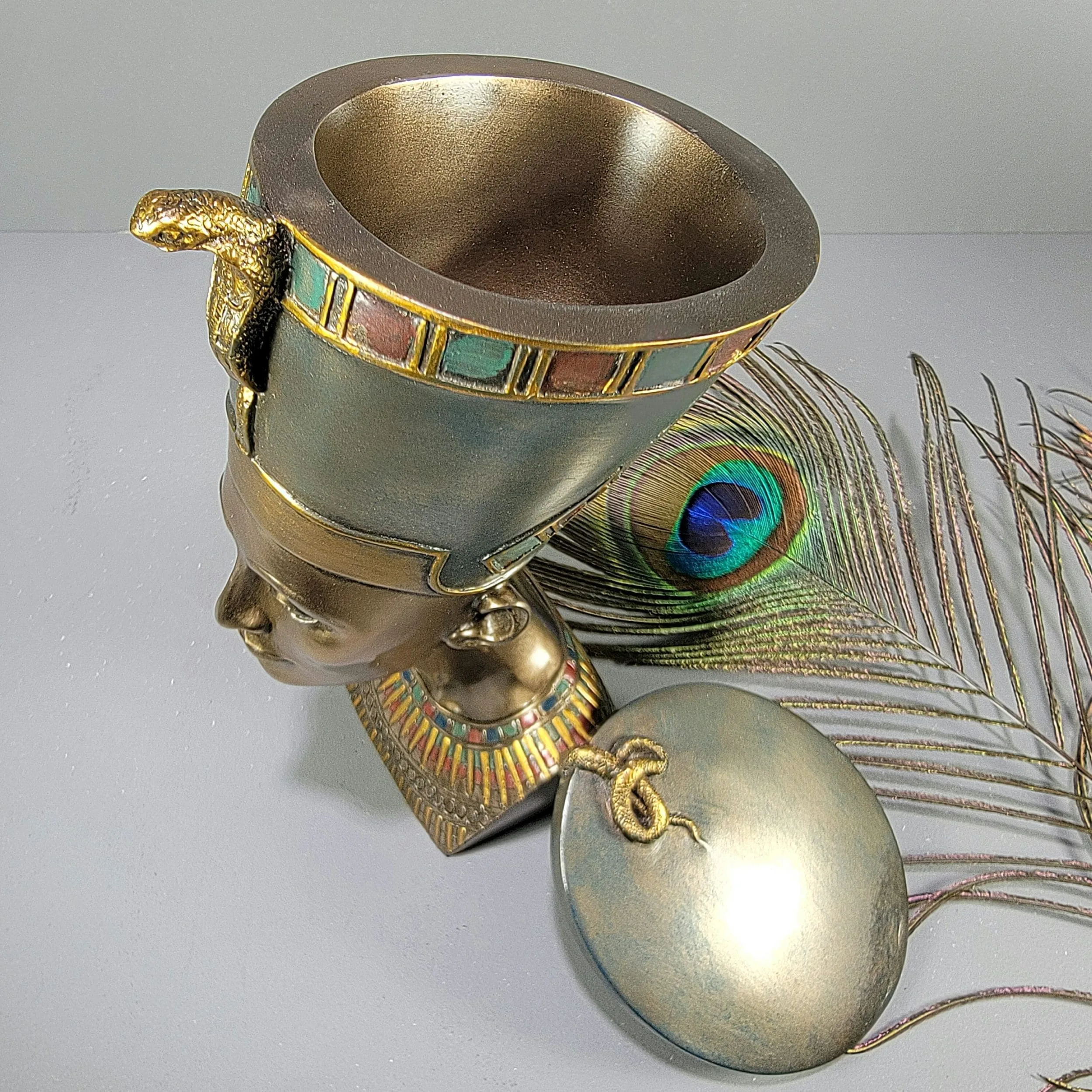 Slide 2 for Egyptian Queen Nefertiti Bust, Bronze Secret Stash Trinket Box