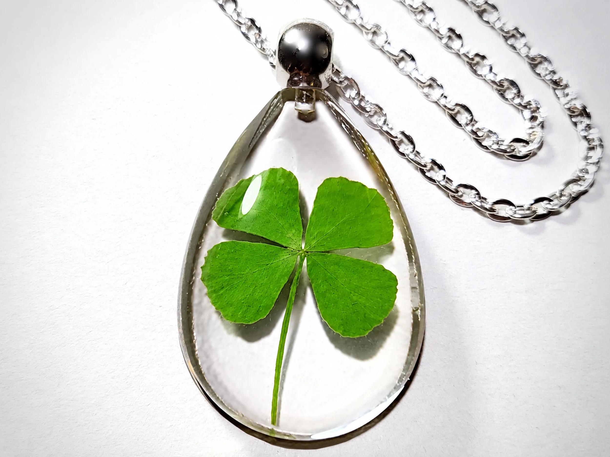 Slide 1 for Four Leaf Clover Necklace, Real Clover in Resin Good Luck Charm