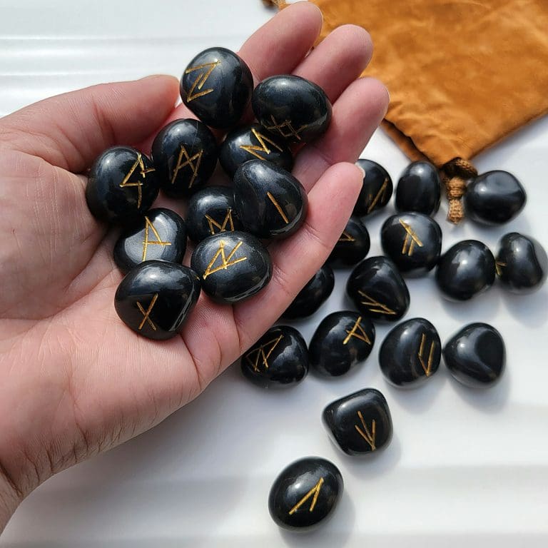 Slide 1 for Black Agate Rune Set with Bag, Stone Viking Runes