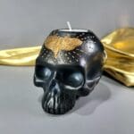 Gothic Decor, Black Skull Candle Holder, Black Skull with Gold Moth Candle Set