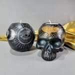 Gothic Decor, Black Skull Candle Holder, Black Skull with Gold Moth Candle Set