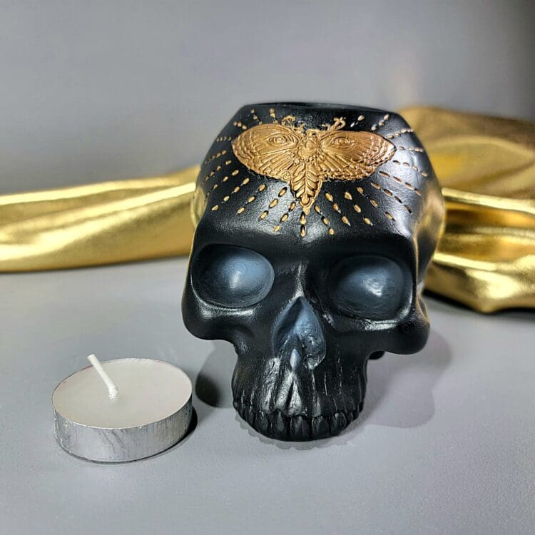 Gothic Decor, Black Skull Candle Holder, Black Skull with Gold Moth Candle Set