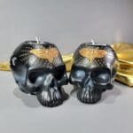 Gothic Decor, Black Skull Candle Holder, Black Skull with Gold Moth Candle Set