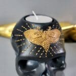 Gothic Decor, Black Skull Candle Holder, Black Skull with Gold Moth Candle Set