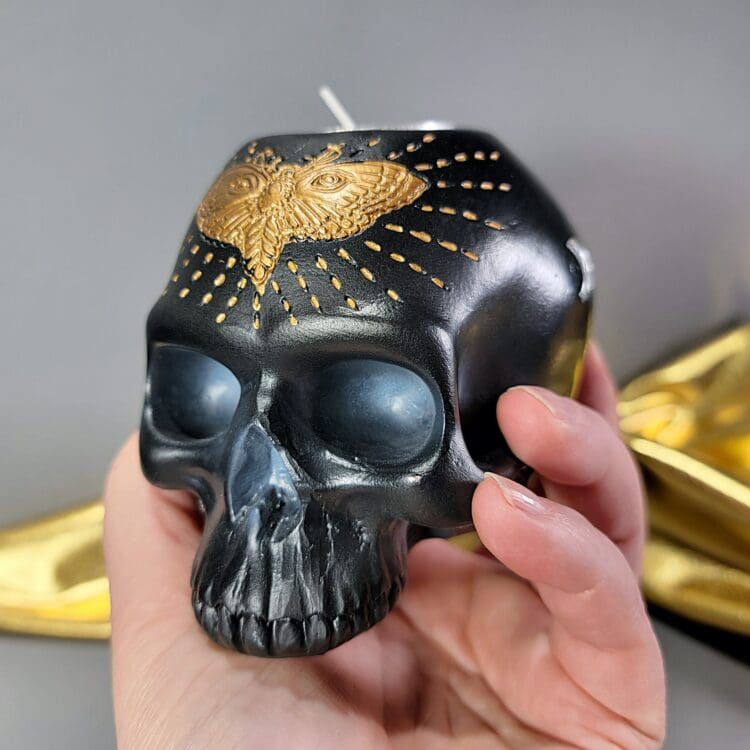 Gothic Decor, Black Skull Candle Holder, Black Skull with Gold Moth Candle Set