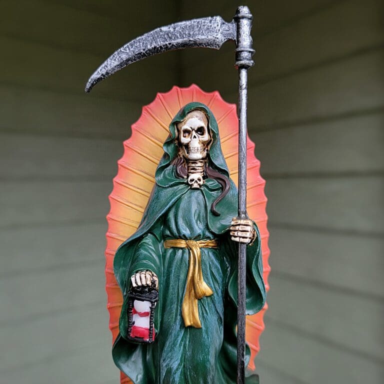Slide 1 for Santa Muerte Statue, Hourglass, Holy Death Altar Piece, Reaper Deity -Green