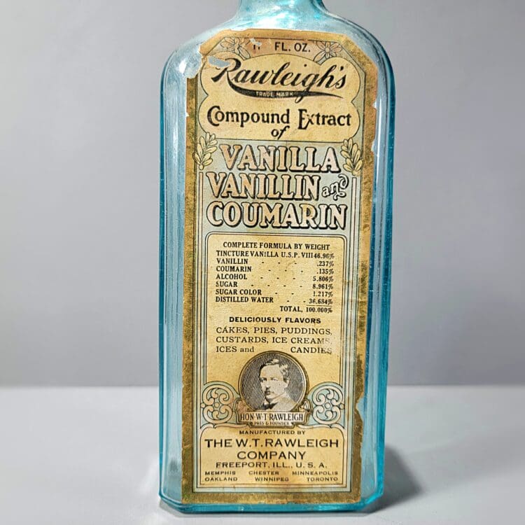 Vintage Turquoise Glass Bottle, Rawleighs Vanilla and Coumarin Extract - Image 2