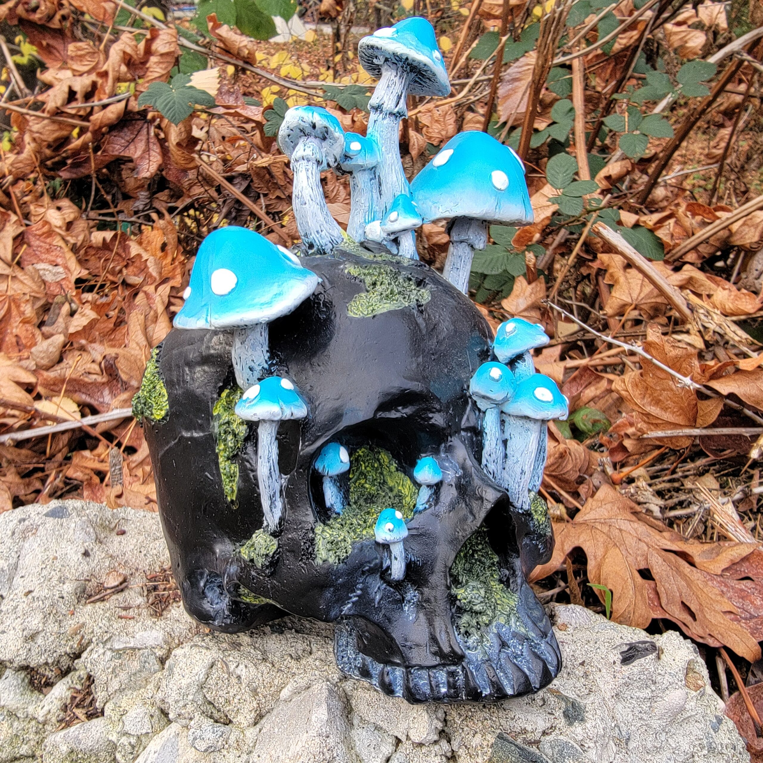 Slide 2 for Blue Mushroom Black Skull, Verdigris agaric, Oddities Decor