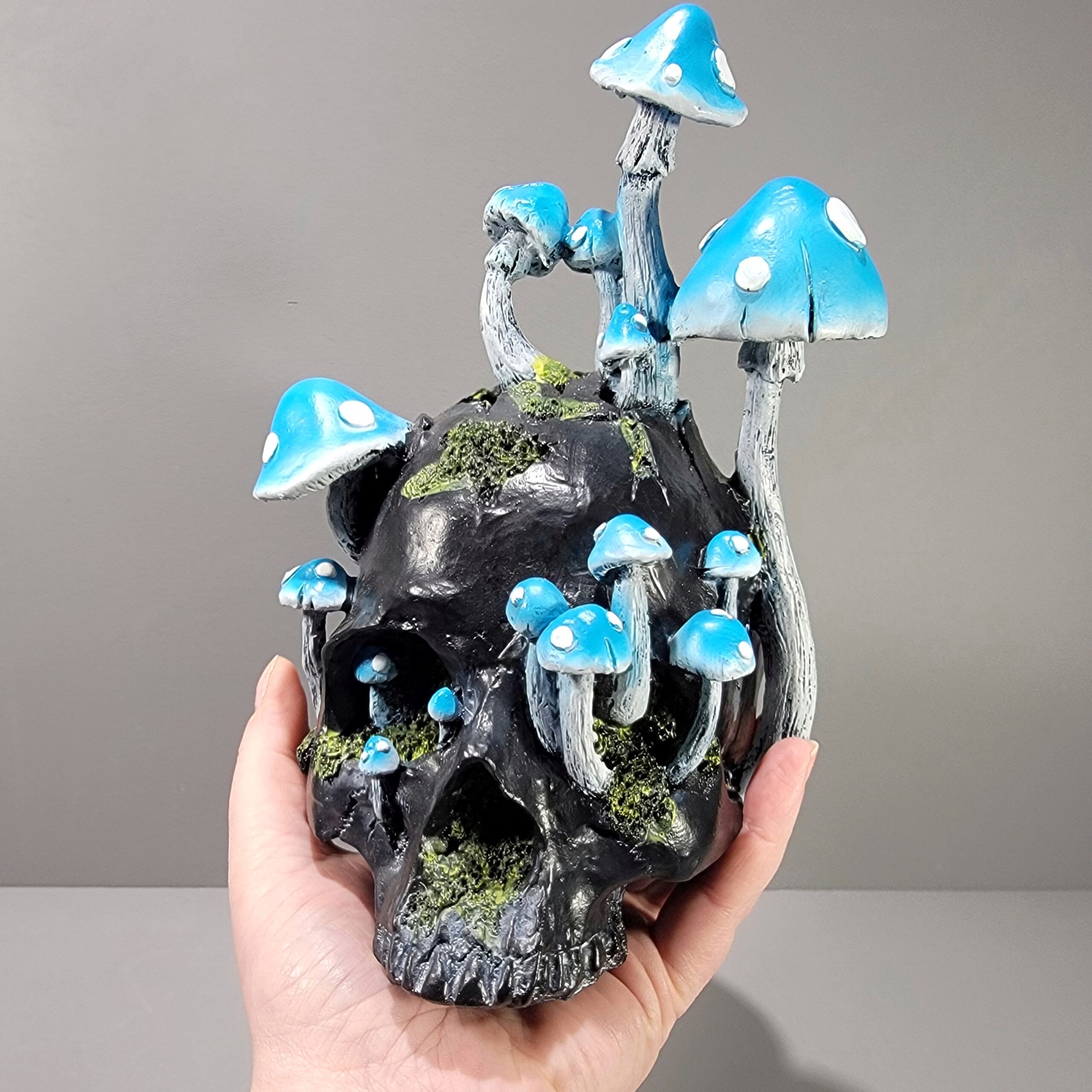 Slide 3 for Blue Mushroom Black Skull, Verdigris agaric, Oddities Decor