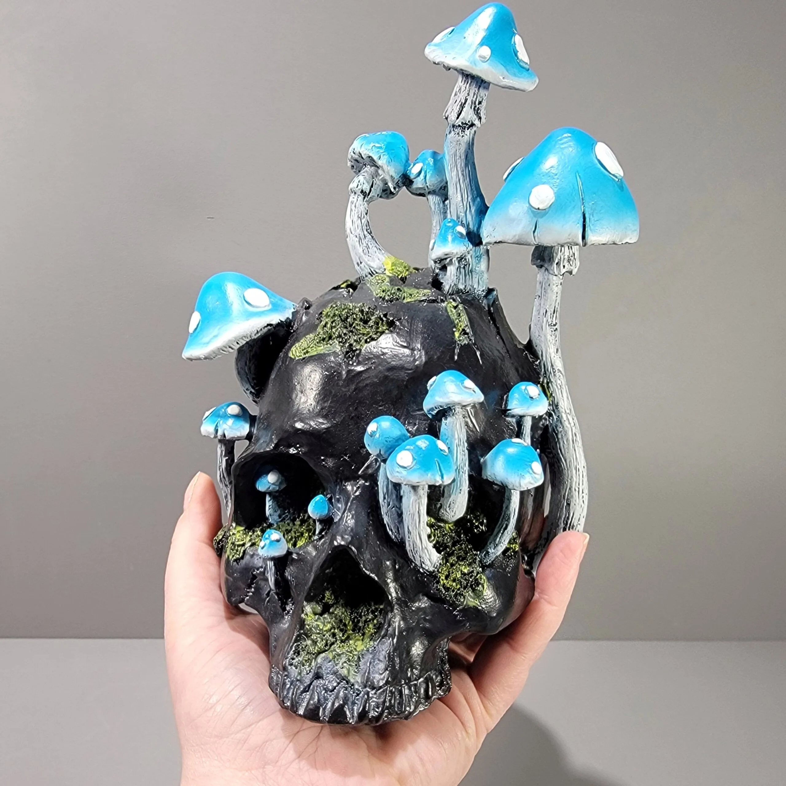 Slide 3 for Blue Mushroom Black Skull, Verdigris agaric, Oddities Decor