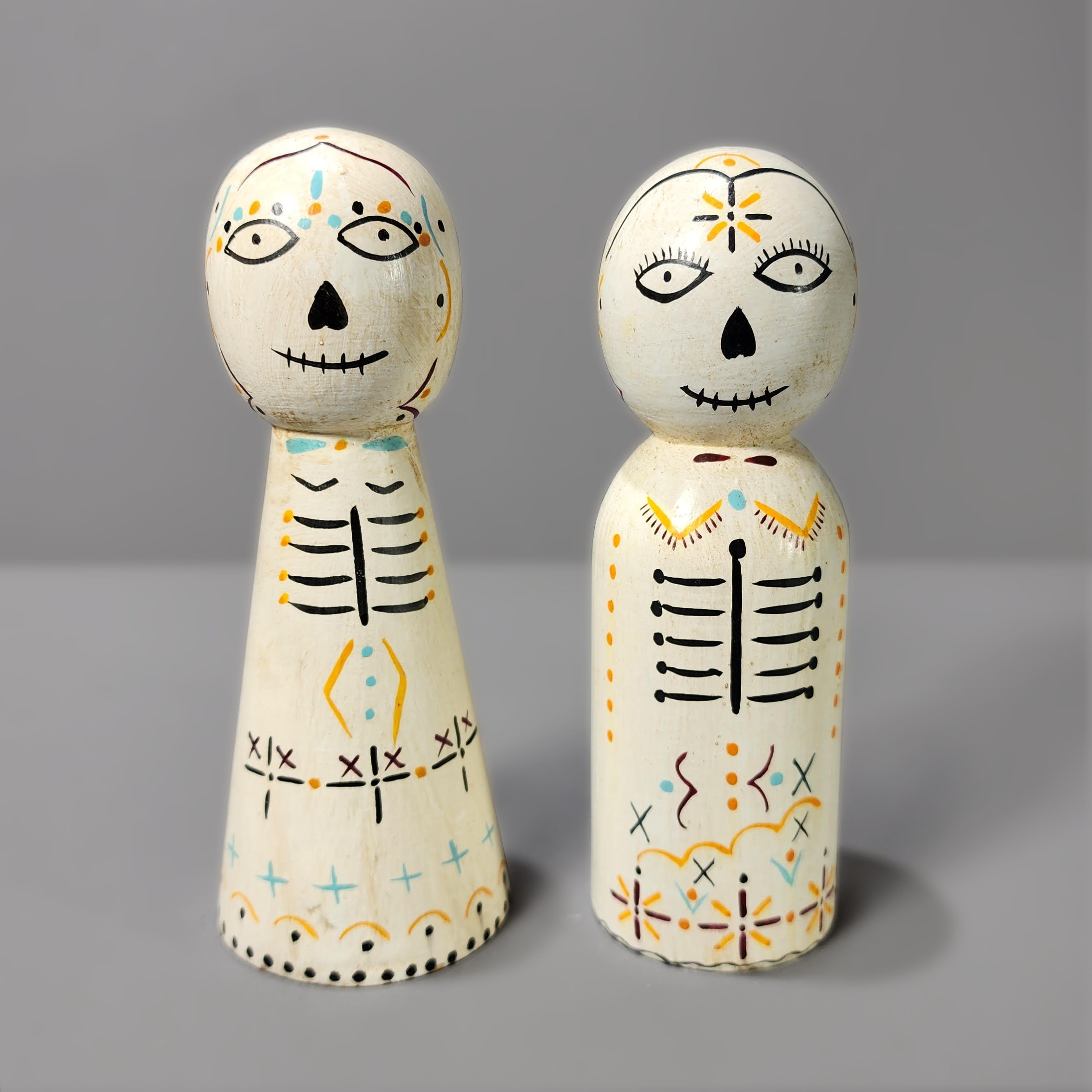 Slide 1 for Sugar Skull Figurine Set, Hand Painted Wood