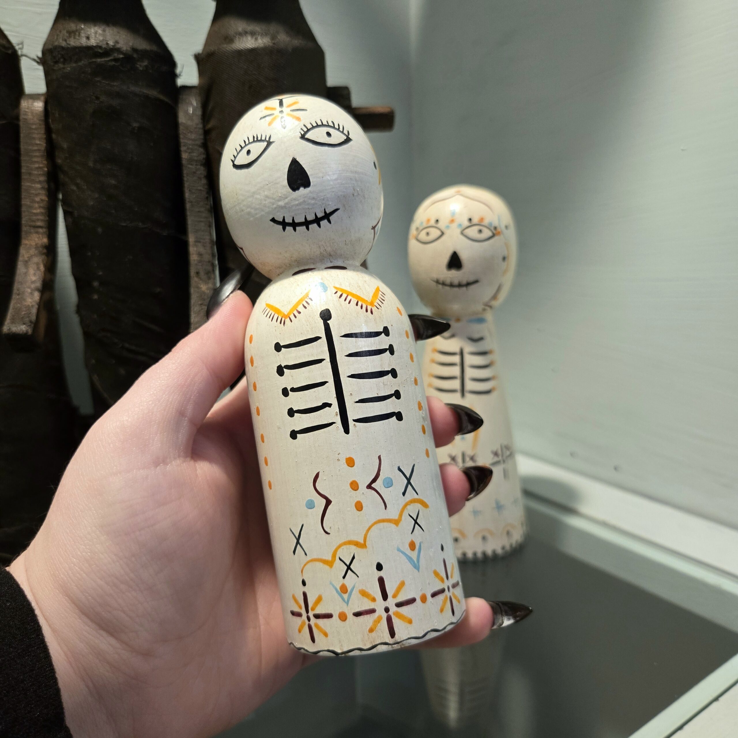 Slide 3 for Sugar Skull Figurine Set, Hand Painted Wood