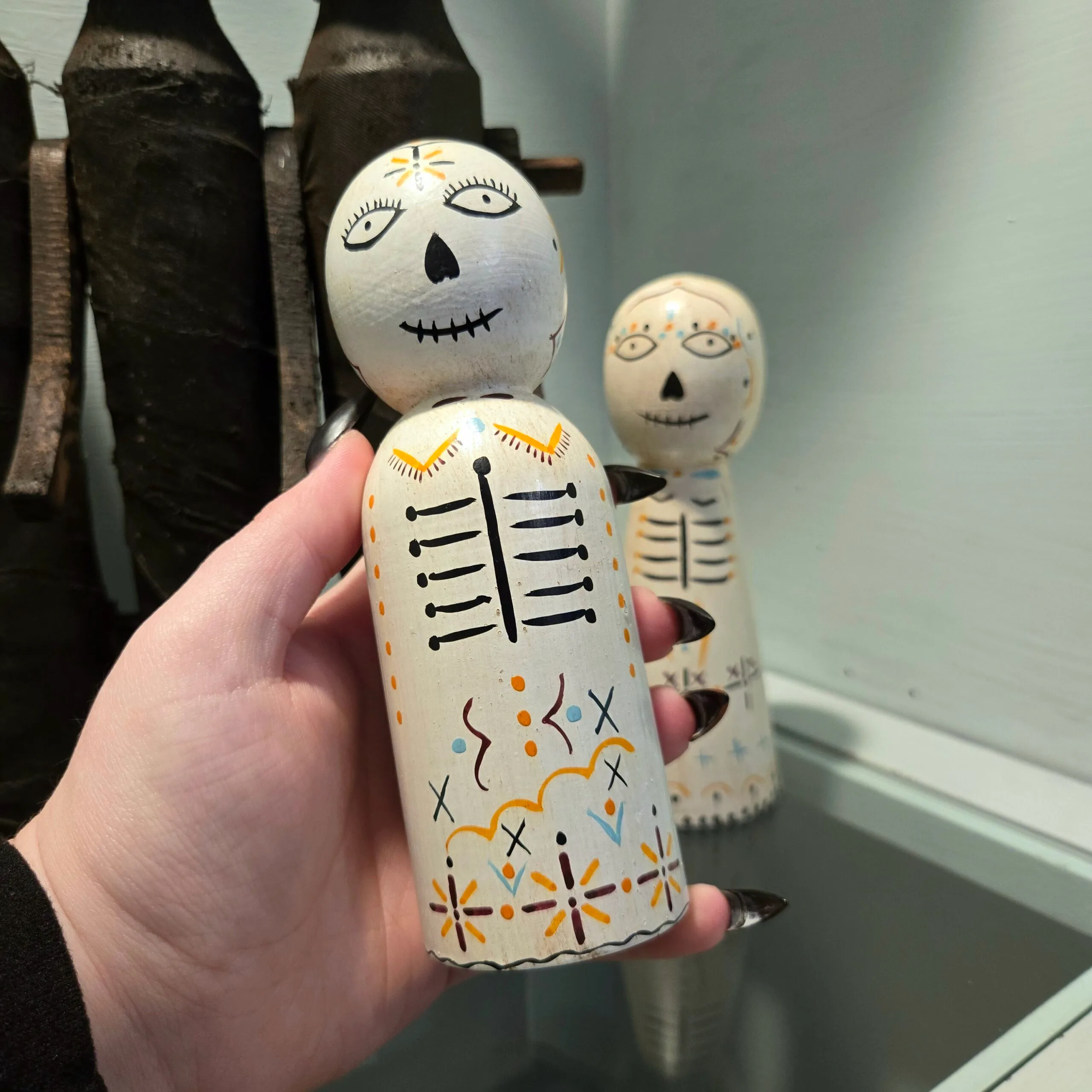Slide 3 for Sugar Skull Figurine Set, Hand Painted Wood