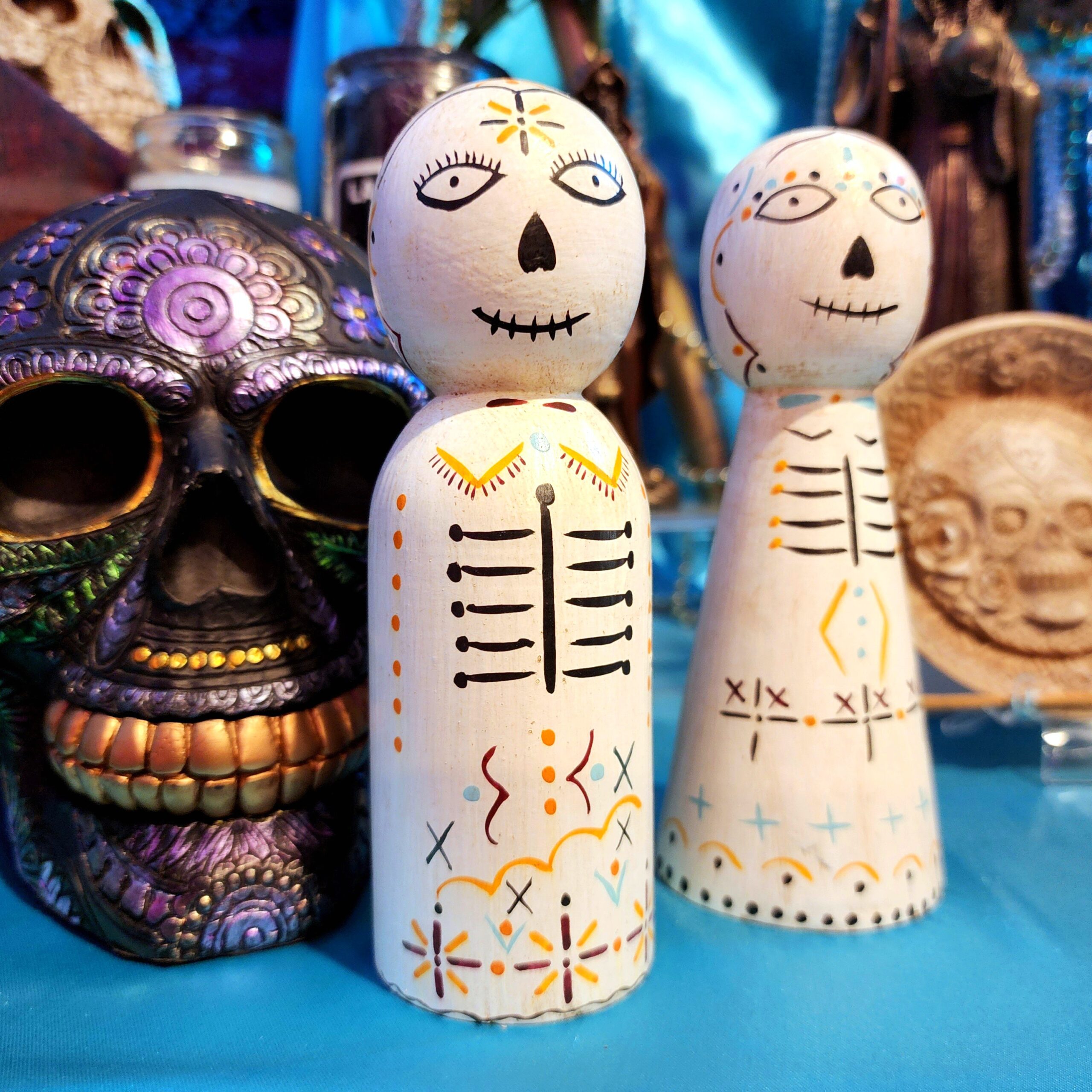 Slide 2 for Sugar Skull Figurine Set, Hand Painted Wood