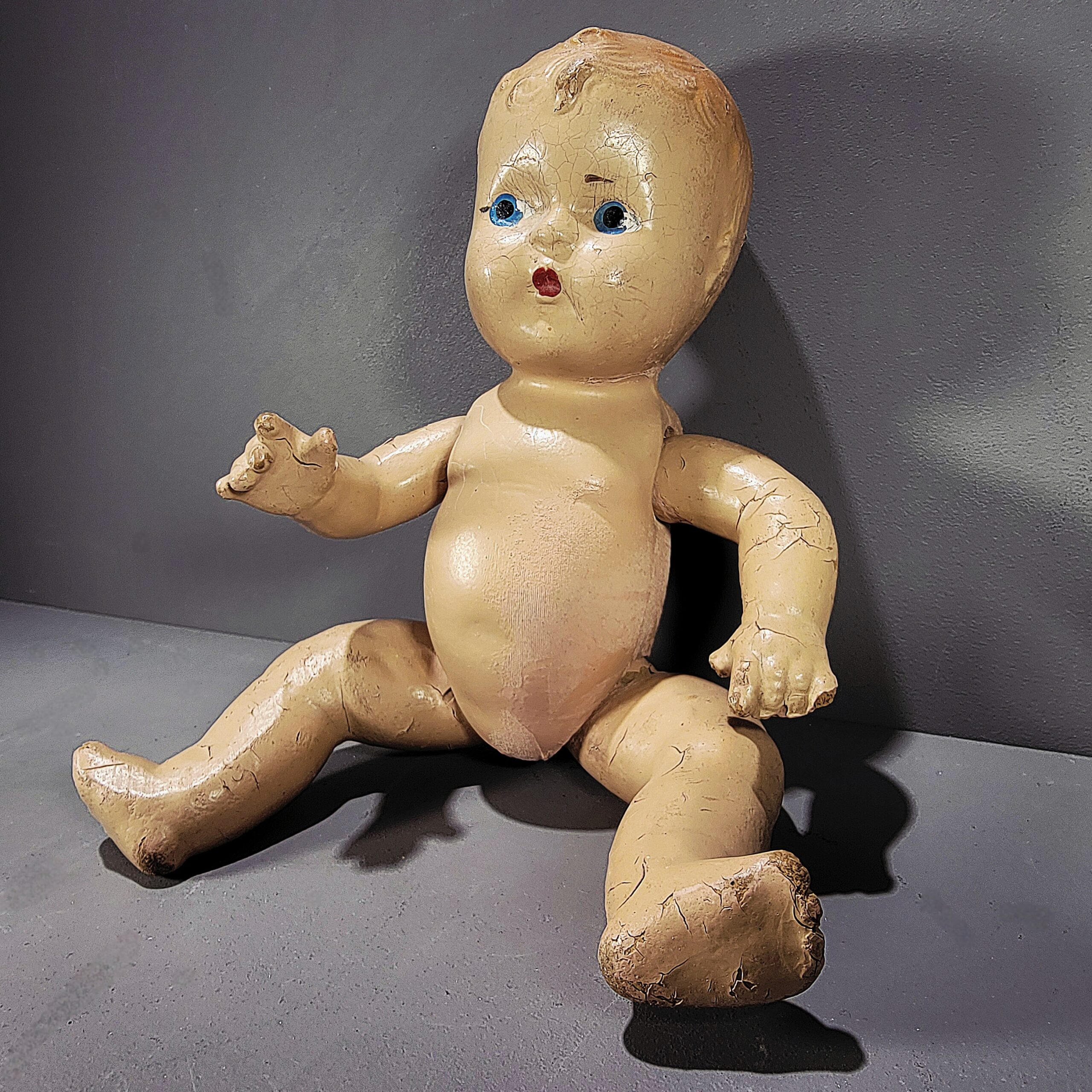 Slide 1 for Vintage Crazed Composition Doll, Creepy Curio Decor