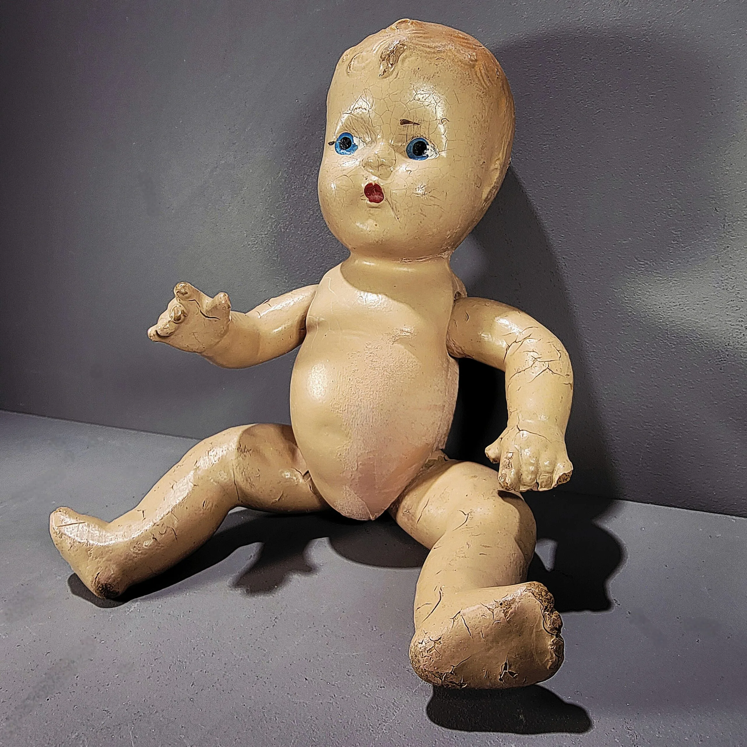 Slide 1 for Vintage Crazed Composition Doll, Creepy Curio Decor