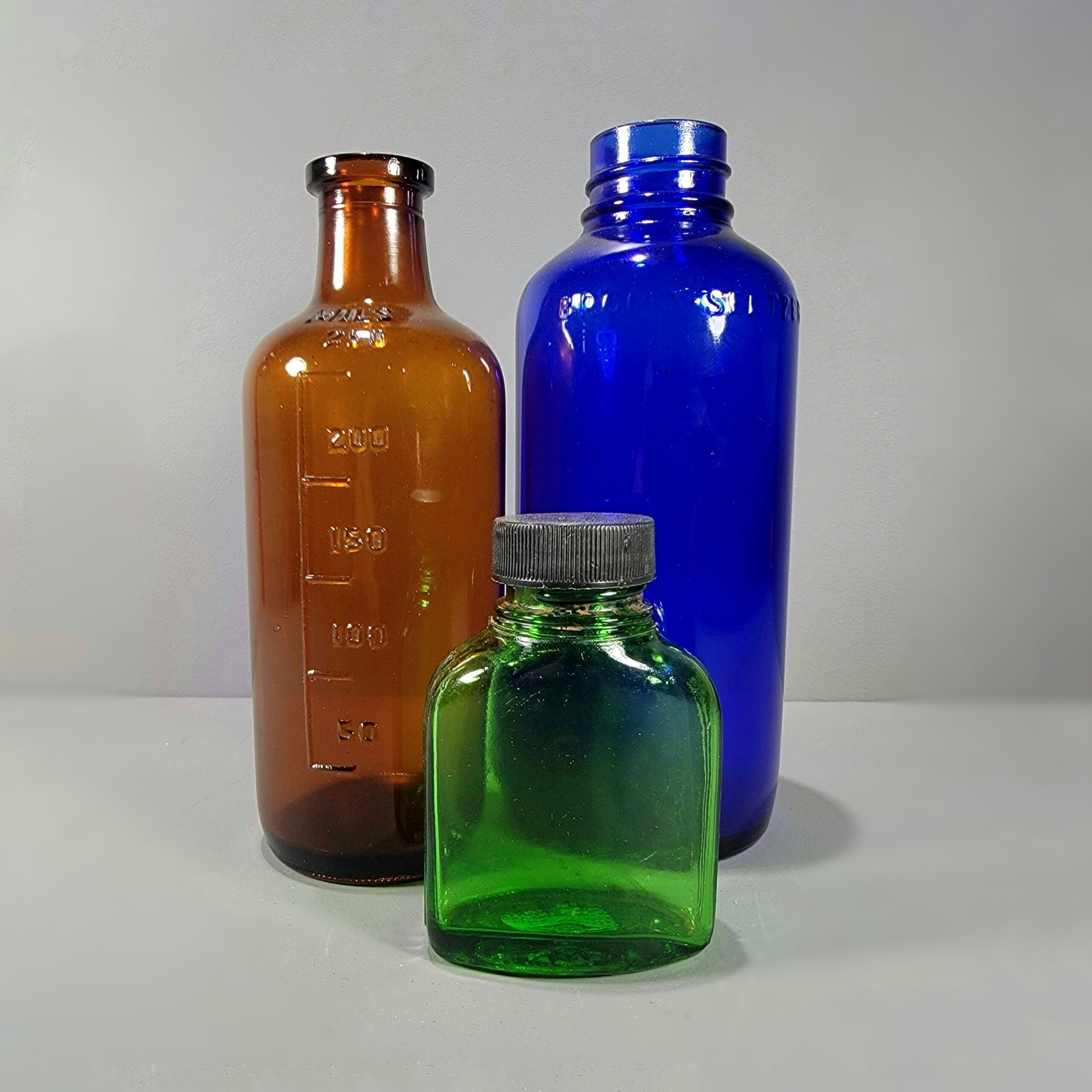 Slide 1 for X3 Vintage Glass Apothecary Bottles, Vintage Medical, Cobalt, Amber, Green