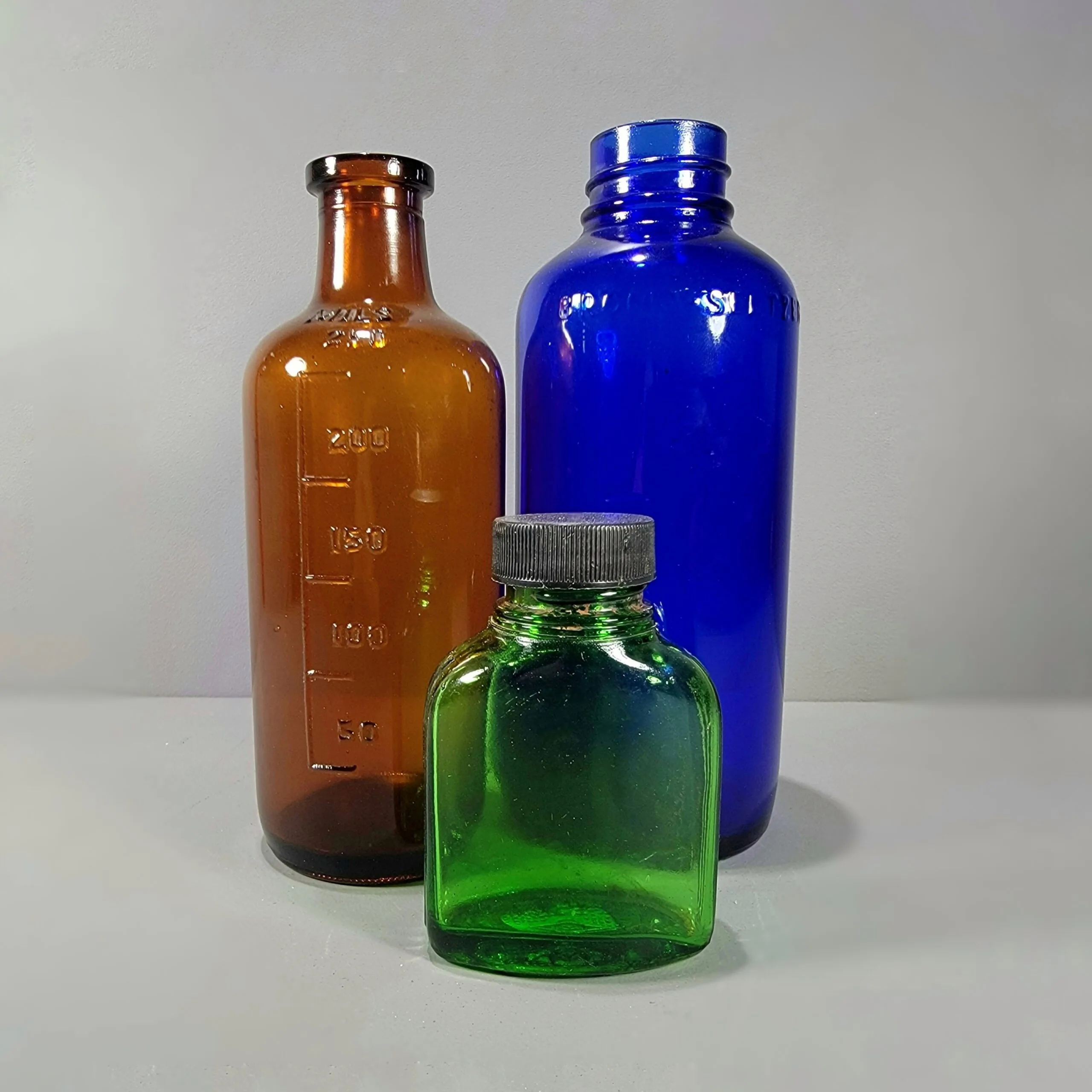 Slide 1 for X3 Vintage Glass Apothecary Bottles, Vintage Medical, Cobalt, Amber, Green