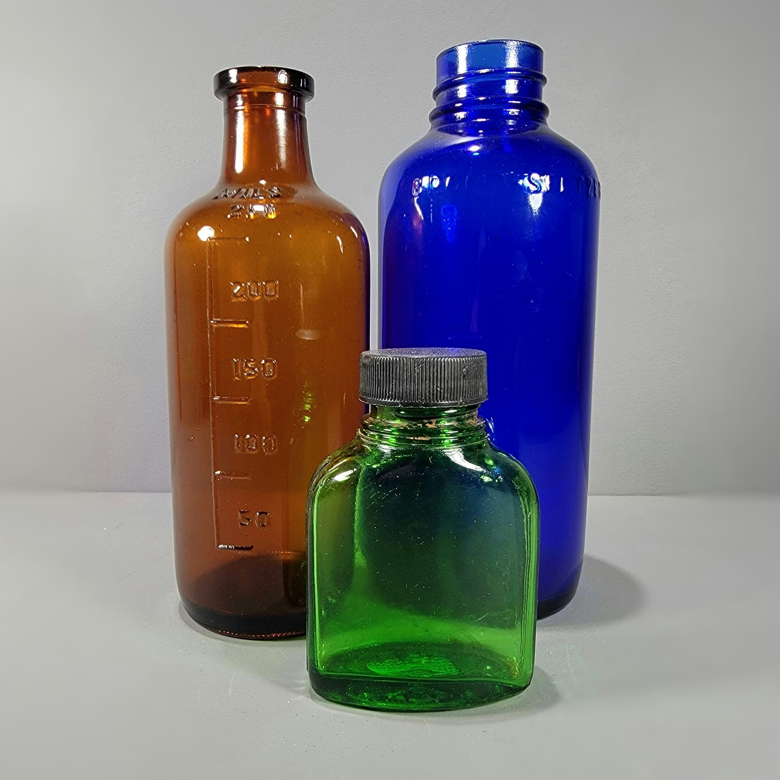 Slide 1 for X3 Vintage Glass Apothecary Bottles, Vintage Medical, Cobalt, Amber, Green