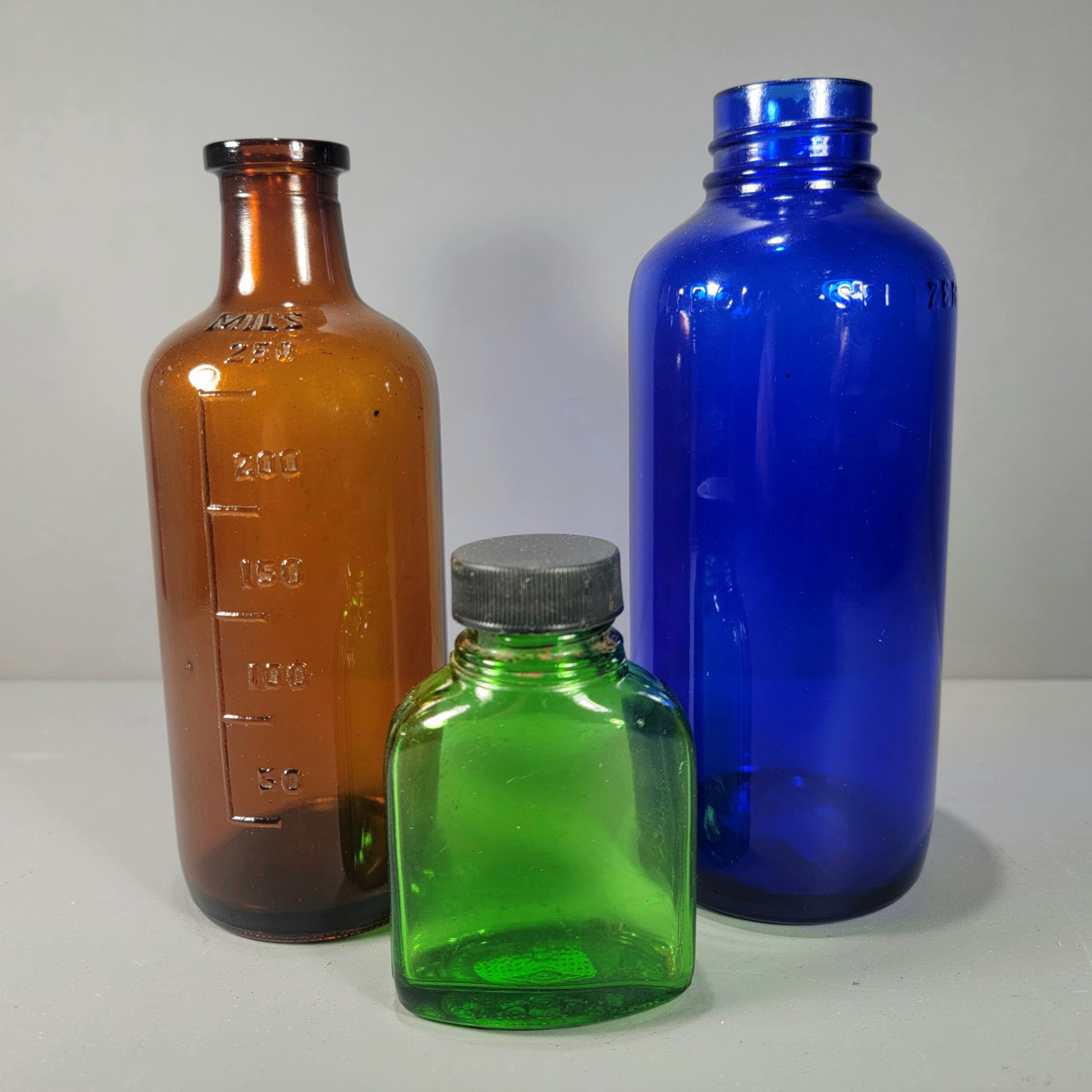 Slide 3 for X3 Vintage Glass Apothecary Bottles, Vintage Medical, Cobalt, Amber, Green