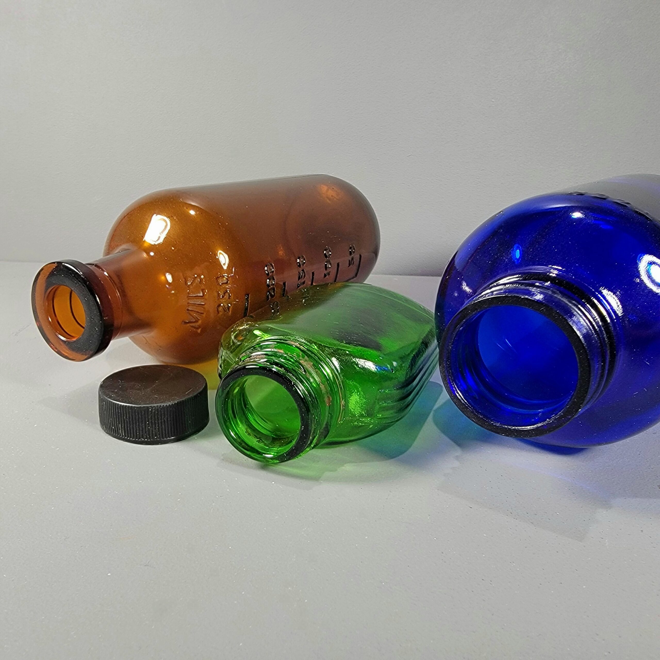 Slide 2 for X3 Vintage Glass Apothecary Bottles, Vintage Medical, Cobalt, Amber, Green