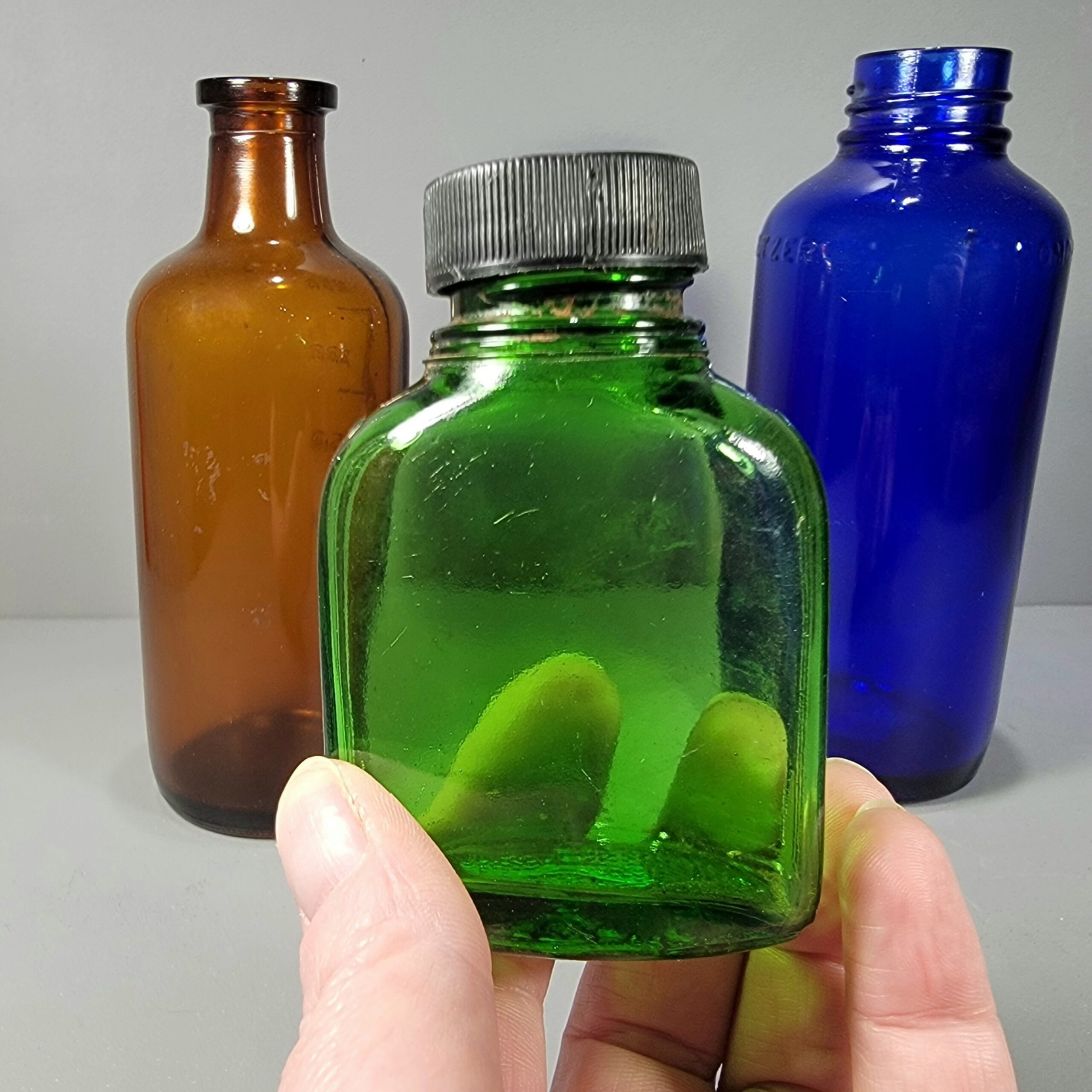 Slide 4 for X3 Vintage Glass Apothecary Bottles, Vintage Medical, Cobalt, Amber, Green