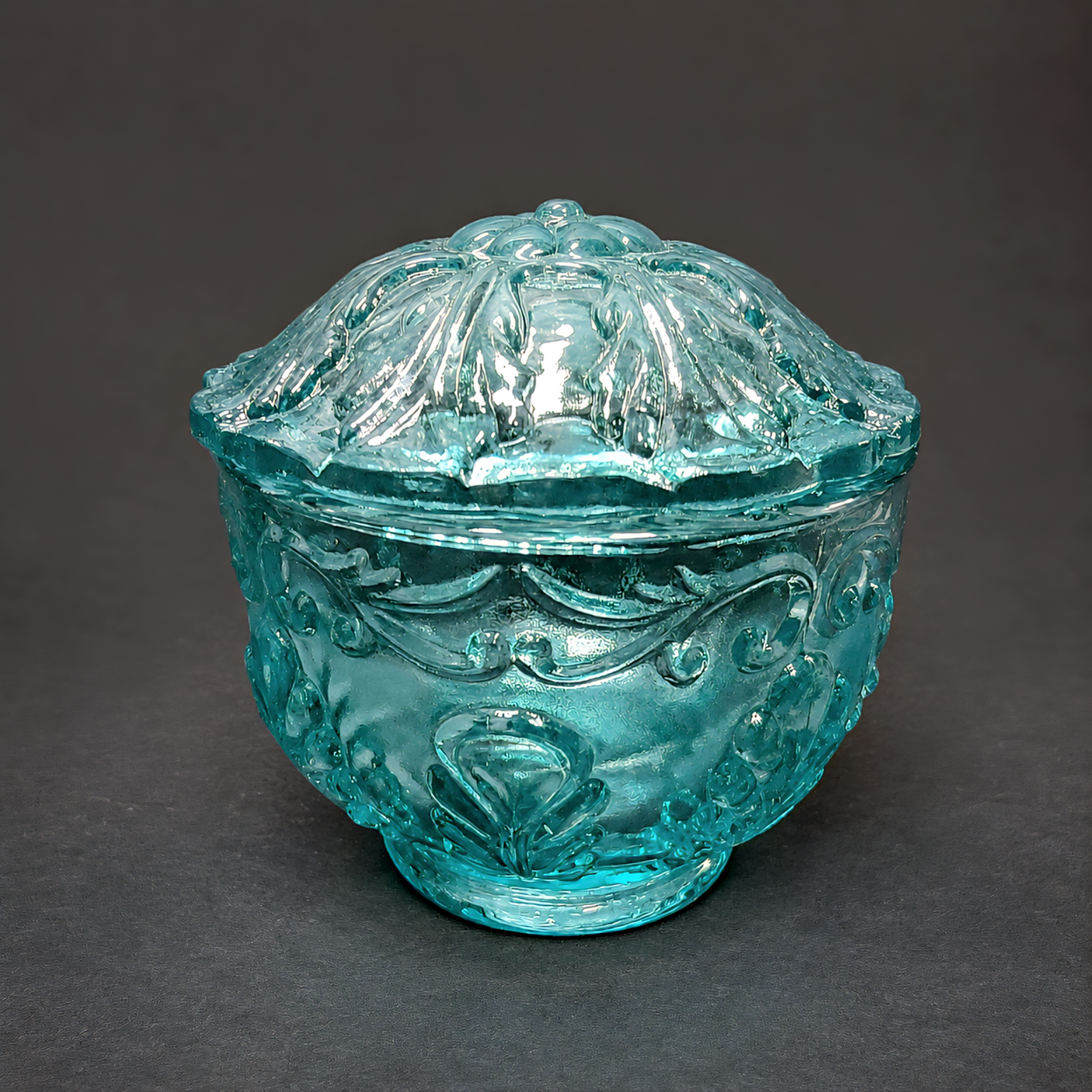Slide 1 for Vintage Style Blue Uranium Glass Lidded Dish, Pink UV Glow