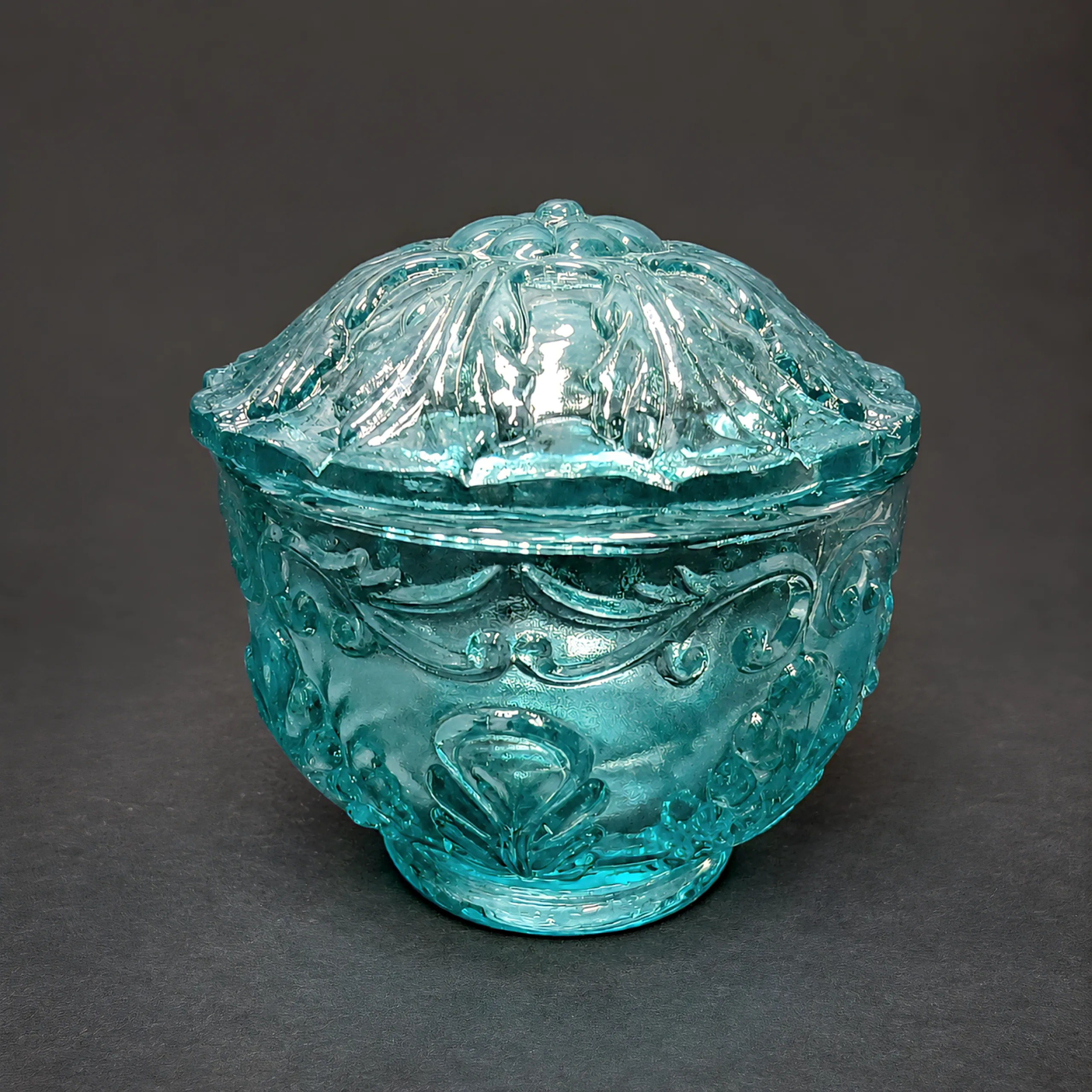 Slide 1 for Vintage Style Blue Uranium Glass Lidded Dish, Pink UV Glow