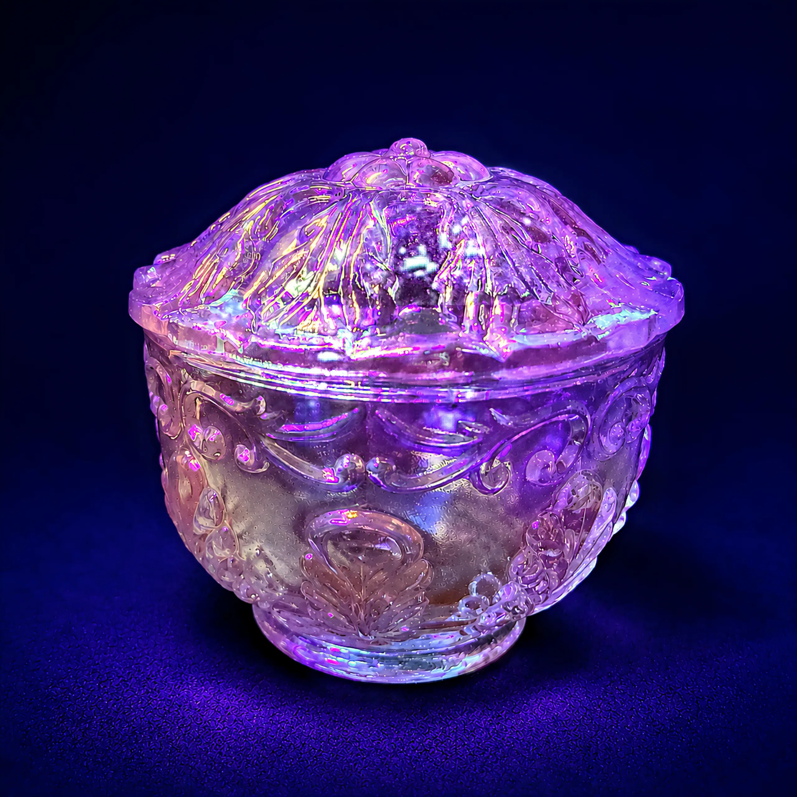 Slide 2 for Vintage Style Blue Uranium Glass Lidded Dish, Pink UV Glow