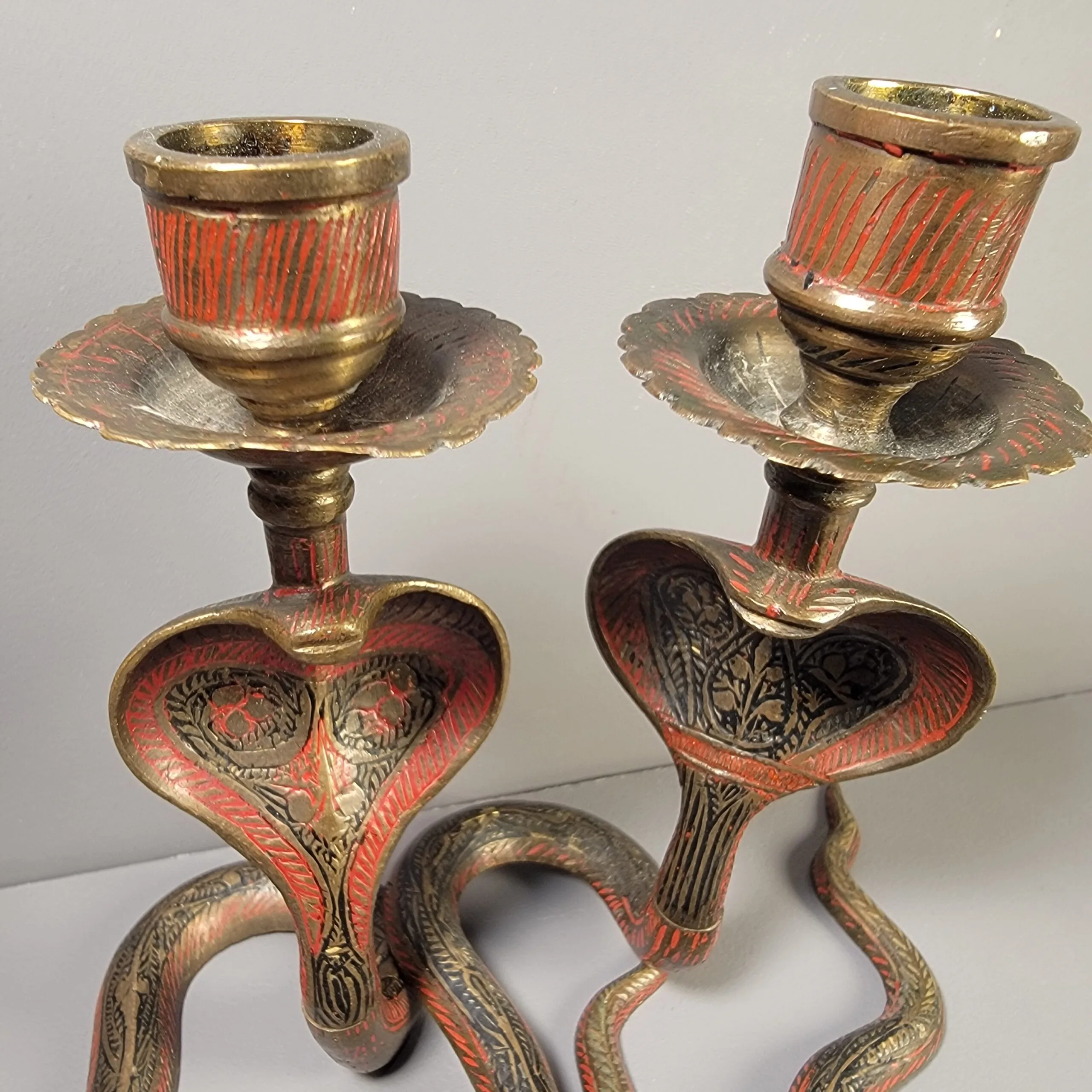 Slide 4 for Vintage Brass Cobra Candle Holder Set